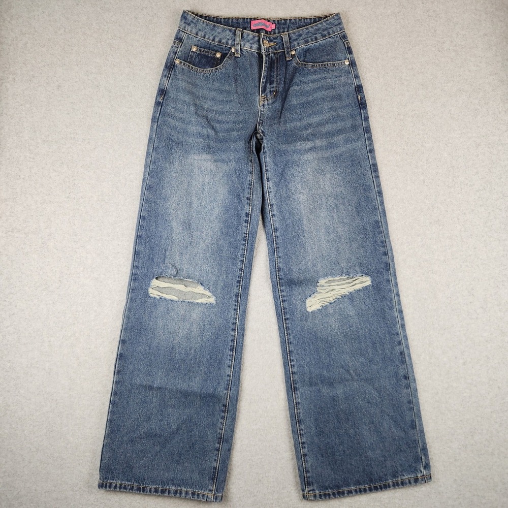 Edikted Wide Leg Jeans Distressed Ripped Blue Denim Women's Size XS